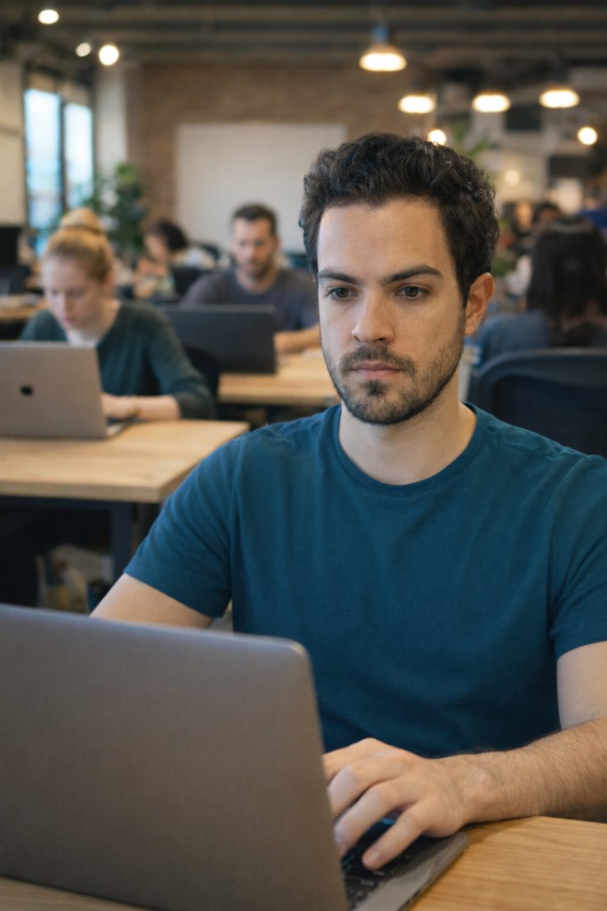 David working at a laptop